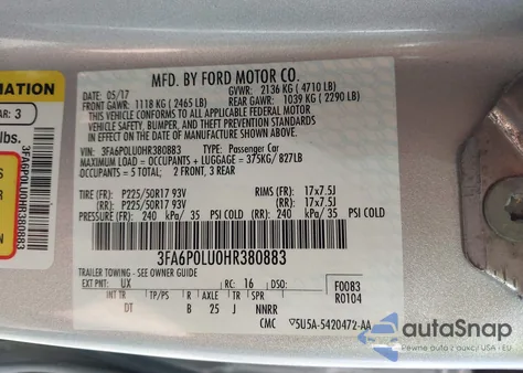 2017 Ford Fusion Hybrid Se z USA, uszkodzony, nr VIN 3FA6P0LU0HR380883